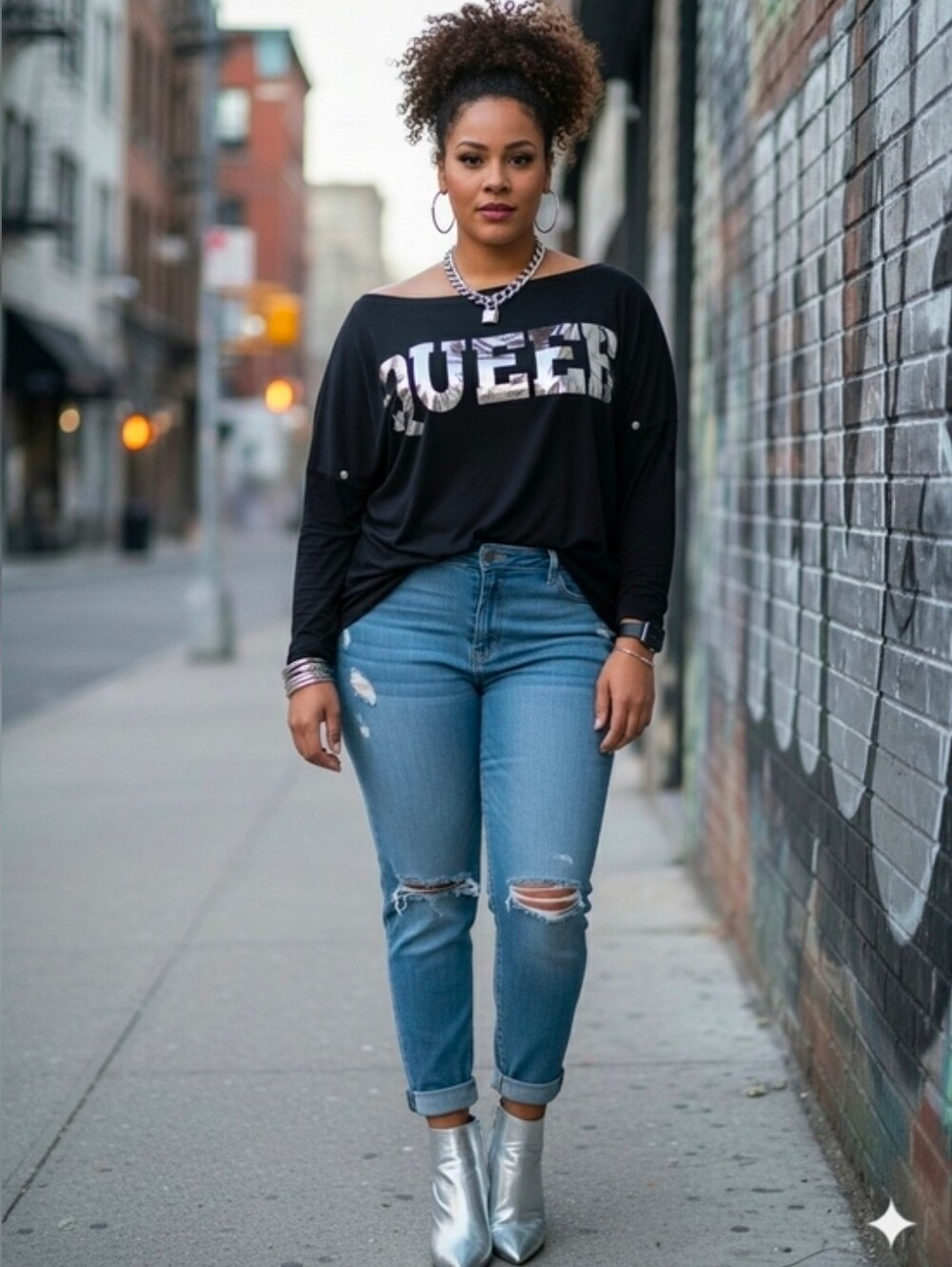 💖NWOT-QUEEN Metallic Logo Off-Shoulder Top - Black & Silver
